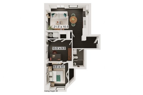 Floor plan for 2 beds, 1 bath, 635 sqft